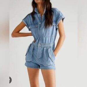 We The Free | Women | Hot Shot Snap Button Up Cuffed Denim Short Romper | Sz S